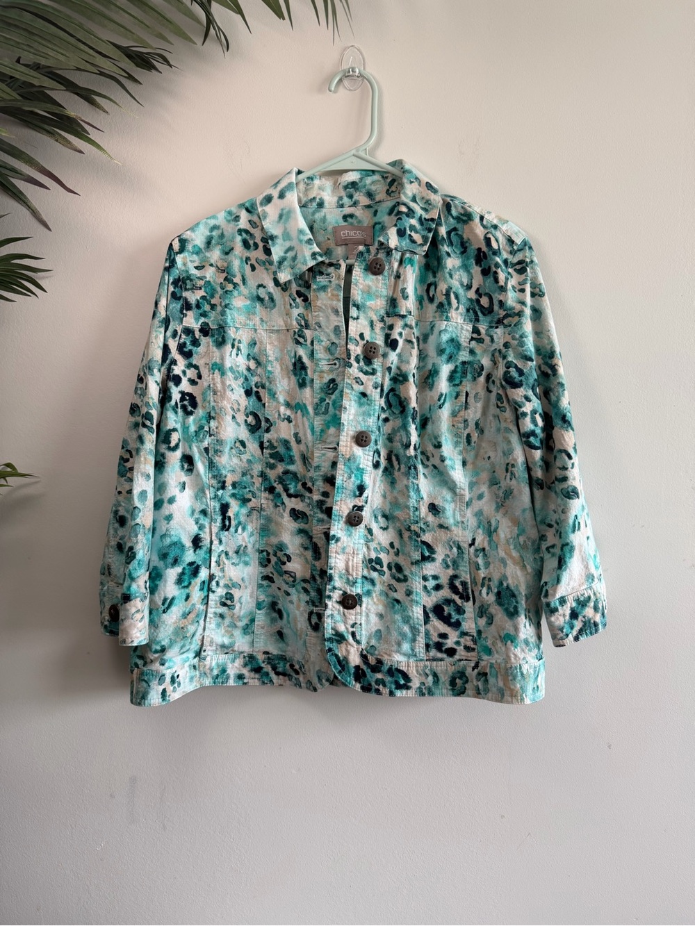 Chicos 3/4 Sleeve Flower Blazer Jacket Cotten Blend Size 2